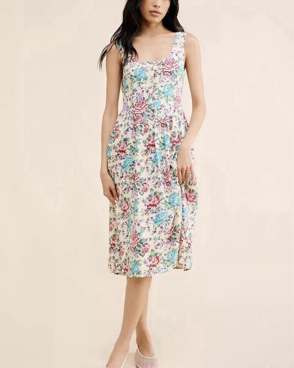 Rollas Women's Floral Scoop Neck Button Front Midi Sundress Pockets
